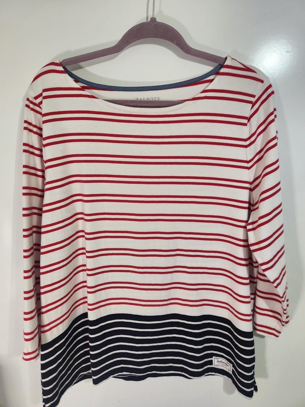 Talbots Red, White & Navy Striped Long Sleeve Boatneck Top, Size XL